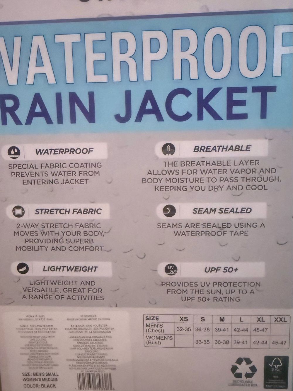 32 Degrees Cool Unisex Waterproof Rain Jacket Black S/M NIB - Picture 2 of 9